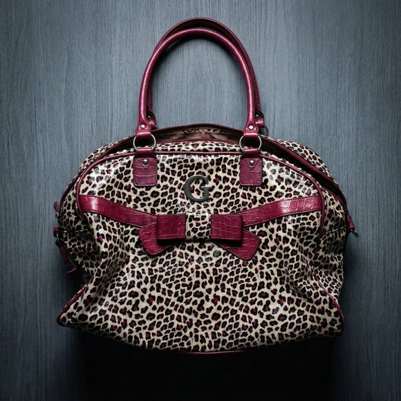 Guess Handbags - Guess Leopard Print Duffel Bag Burgundy Faux Croc Trim Bow Y2K Handbag Rare HTF